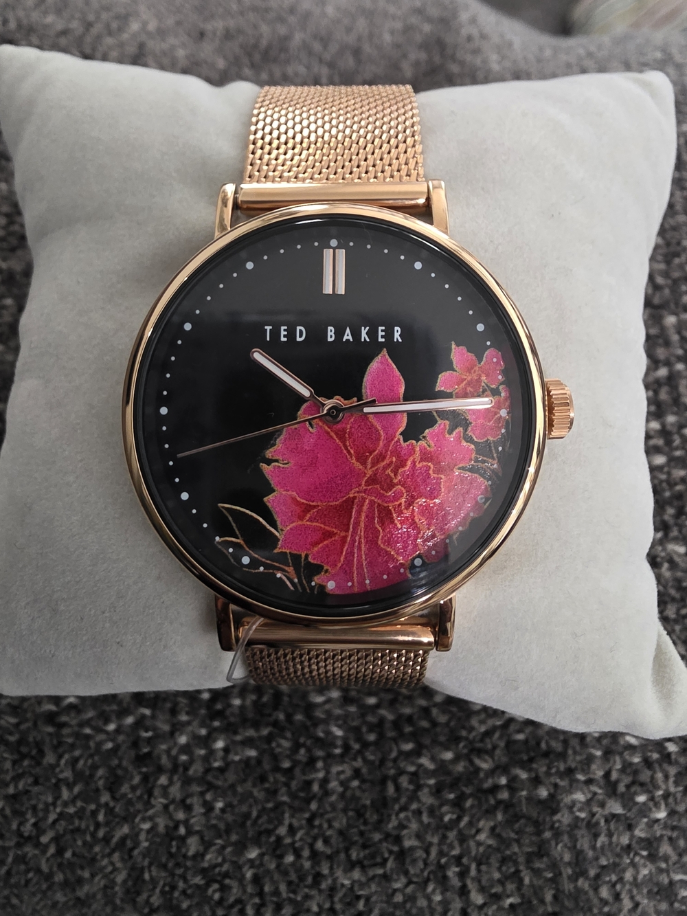 Ted Baker Rose Gold Mesh Watch with Pink Floral Dial